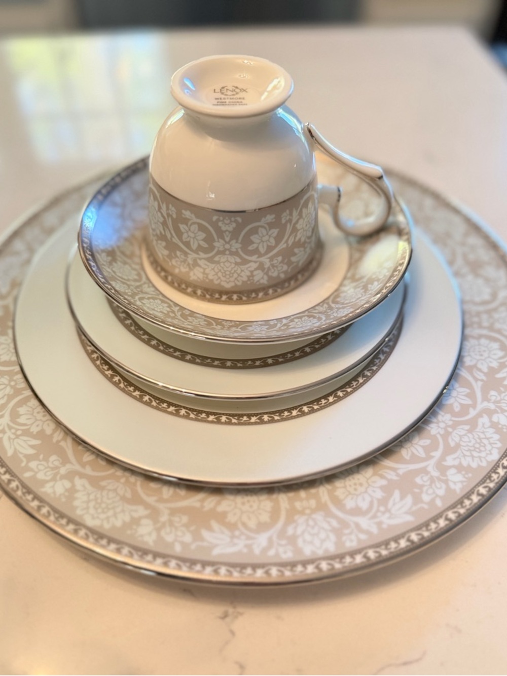 Lenox Taupe and Silver Floral Bone China Tea Cup & Plate Place Setting